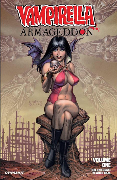 "Vampirella Armageddon Volume One" steht groß im Bild. Eine Frau in rotem Kostüm sitzt mit einem Schädel in der Hand.