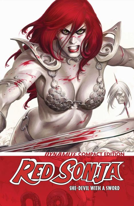 „Dynamite Compact Edition“, „Red Sonja“, „She-Devil with a Sword“. Illustration einer kämpfenden Frau mit rotem Haar.