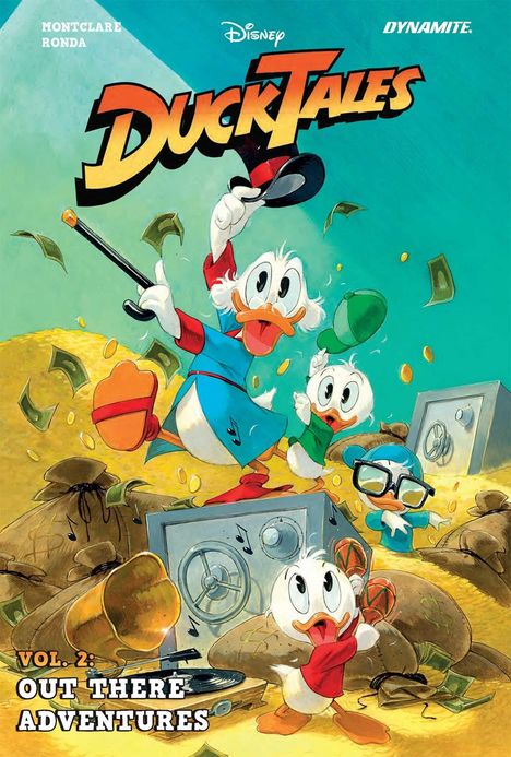 Oben steht "DUCKTALES", darunter "VOL. 2: OUT THERE ADVENTURES". Eine fröhliche Entenschar mit Geld und Tresoren.