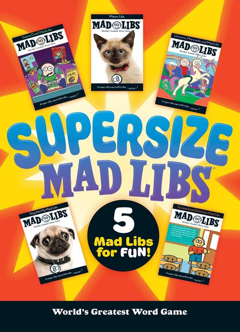 "5 Mad Libs for Fun!" in großer Schrift. Illustrationen von Büchern mit bunter Gestaltung, Katzen und Hunden.