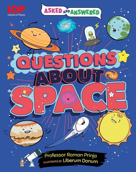 "Questions About Space" in großer, bunter Schrift mit Cartoon-Planeten, Sternen und einem UFO auf blauem Hintergrund.