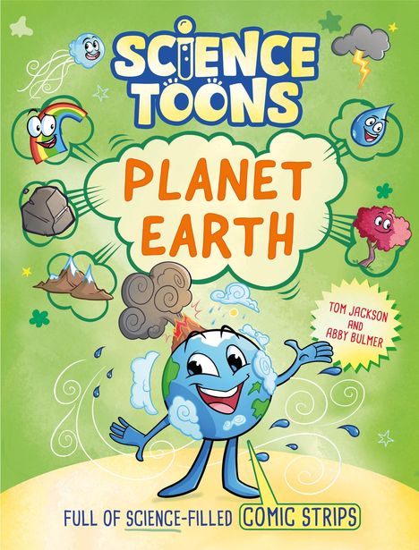 „Science Toons Planet Earth“ in großer Schrift. Darunter eine Comic-Erde mit Gesicht und umgeben von Natur-Symbolen.