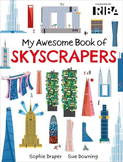 "My Awesome Book of Skyscrapers" in roten und schwarzen Buchstaben. Illustrationen von Wolkenkratzern in verschiedenen Farben.