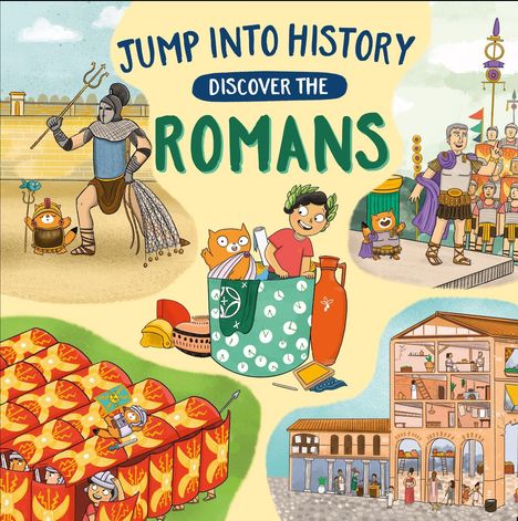 Text: "Jump into History. Discover the Romans." Illustration zeigt römische Szenen mit Figuren und architektonischen Details.