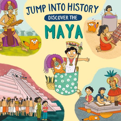 „JUMP INTO HISTORY, DISCOVER THE MAYA“ in blauer und grüner Schrift. Illustrationen von Maya-Szenen und Charakteren.