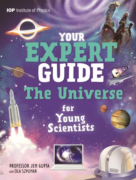 „Your Expert Guide: The Universe for Young Scientists.“ Illustration mit Weltraummotiven: Rakete, Planeten, Teleskop.
