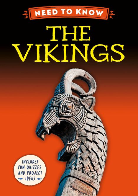 "Need to Know: The Vikings" in gelbem Text vor rotem Hintergrund. Eine hölzerne Drachenschnitzerei ist unten zu sehen.