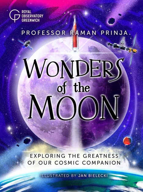 "Wonders of the Moon" steht groß vor einem violetten Mond. Oben eine Rakete, Satelliten und Weltraum.