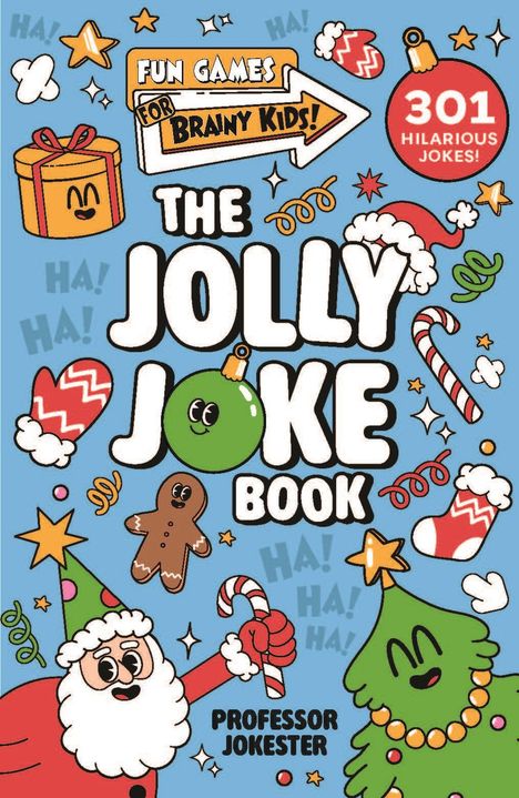 Buchcover: "FUN GAMES FOR BRAINY KIDS! 301 HILARIOUS JOKES! THE JOLLY JOKE BOOK". Fröhliche Grafiken mit Weihnachtsmotiven.