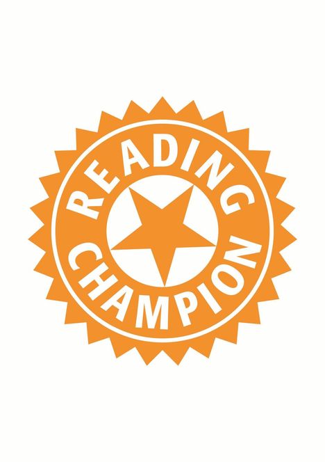 Text: "READING CHAMPION". Illustration eines orangefarbenen Siegels mit Stern in der Mitte.