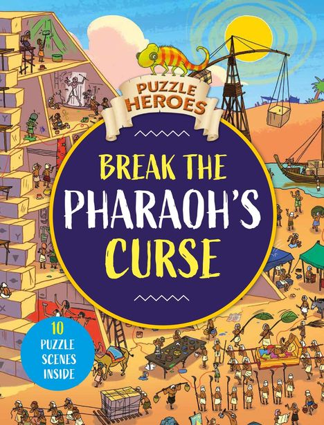 Text: "Puzzle Heroes", "Break the Pharaoh’s Curse", "10 Puzzle Scenes Inside". Illustration von ägyptischem Bau mit Arbeitern.