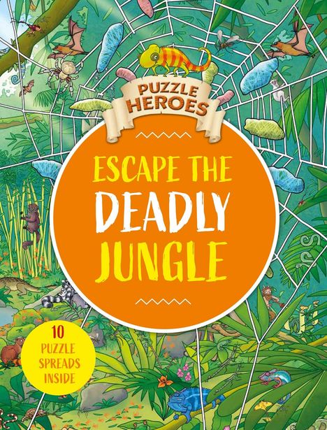 "Escape the Deadly Jungle", "10 Puzzle Spreads Inside", "Puzzle Heroes". Illustration von einem Dschungel mit Tieren und Spinnennetz.