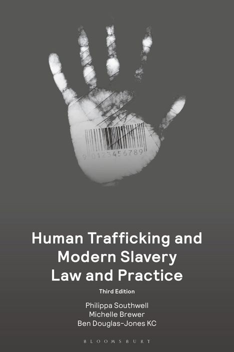 „Human Trafficking and Modern Slavery Law and Practice“, Handabdruck mit Barcode, Namen der Autoren.