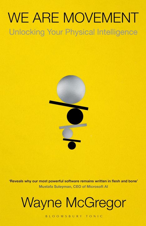 „WE ARE MOVEMENT: Unlocking Your Physical Intelligence.“ Gelber Hintergrund mit abstrakten Kreisen und Linien.