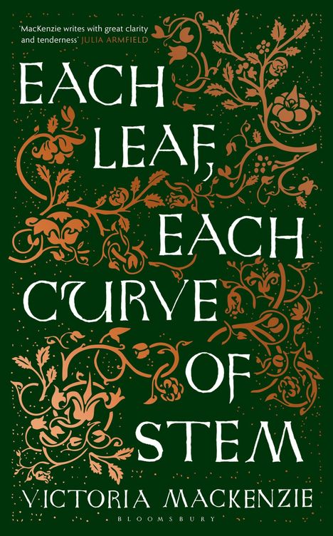"Each Leaf, Each Curve of Stem" von Victoria Mackenzie. Grüner Hintergrund, braune Ranken und Blätter.