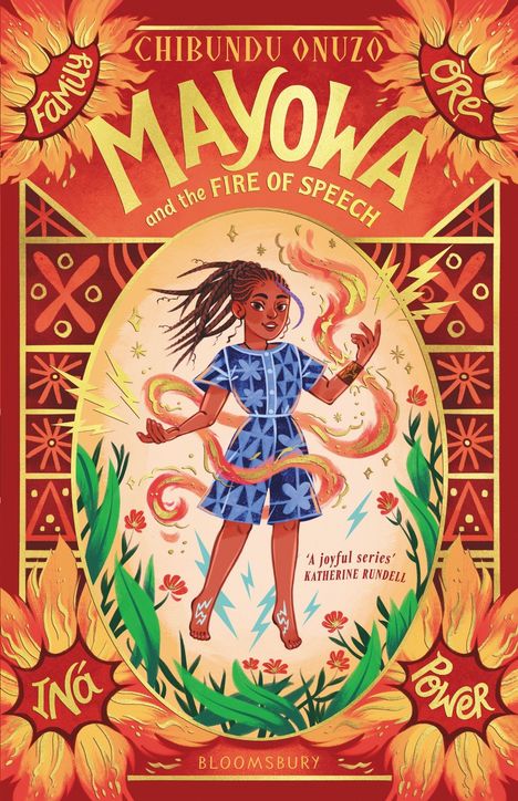 Titel: Mayowa and the Fire of Speech. Illustration eines Mädchens, umgeben von Flammen und Pflanzen, mit energischem Ausdruck.