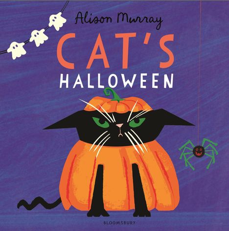 "Alison Murray - Cat's Halloween." Illustration einer griesgrämigen schwarzen Katze in einem Kürbiskostüm, Spinne rechts.