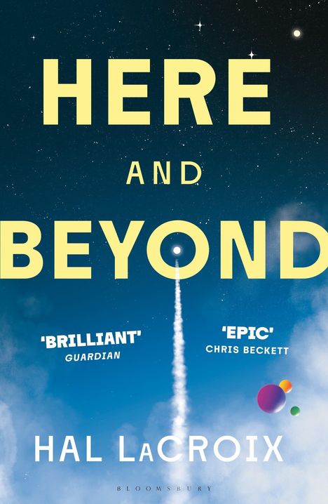 "Here and Beyond" von Hal LaCroix, ein Raketenstart durch einen Sternenhimmel mit Planeten und weit entfernten Galaxien.