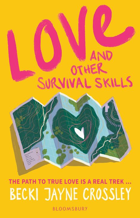 "Love and Other Survival Skills" in Pink, Karte mit Herz, gelber Hintergrund, Becki Jayne Crossley.