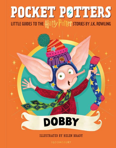 „Pocket Potters“, „Dobby“, Illustration eines fröhlichen Wesens mit großen Ohren, bunter Kleidung und einem selbstgestrickten Strumpf.