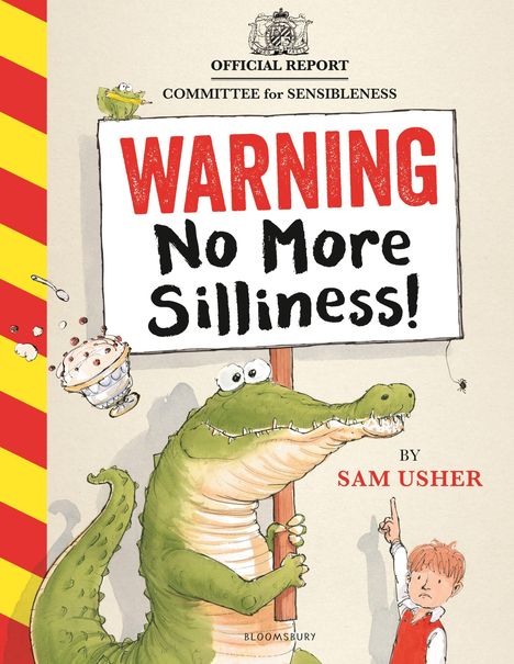 Ein grünes Krokodil hält ein Schild mit der Aufschrift "WARNING No More Silliness!" Ein Junge zeigt darauf.