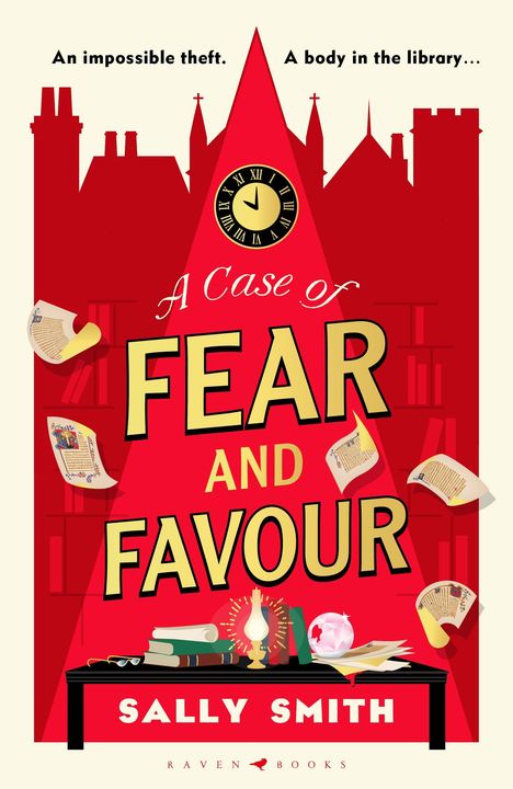 „An impossible theft. A body in the library...“; „A Case of Fear and Favour“. Rotes Cover, Bücher und Gegenstände.