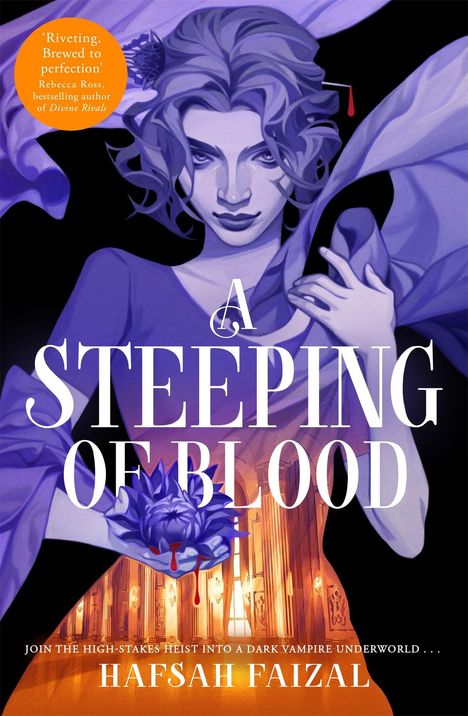 „A Steeping of Blood“. Illustration einer Frau mit violetten Haaren, die eine blutende Blüte hält, in einem leuchtenden Saal.