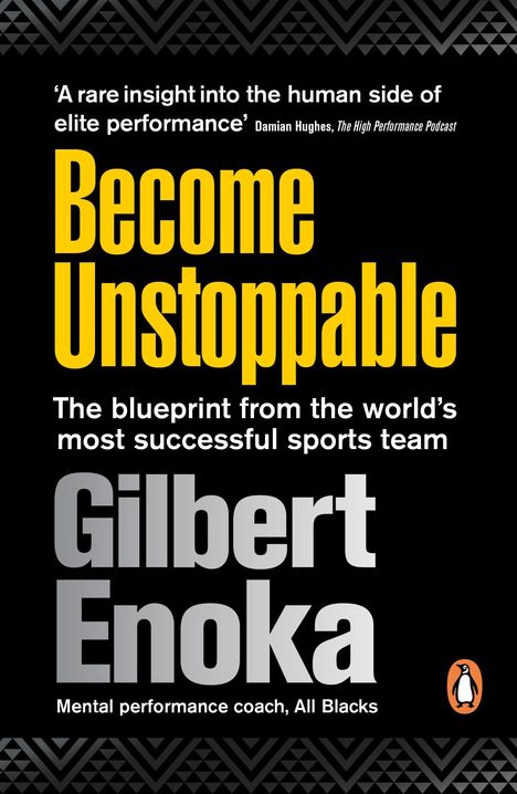 "Become Unstoppable" in Gelb, Autor: Gilbert Enoka. Thema: Sportlermentalität. Schwarzer Hintergrund, Penguin-Logo.
