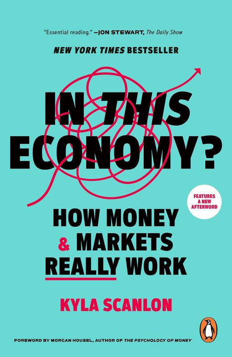 "IN THIS ECONOMY?", roter Linienknoten, schwarzer Text auf türkis. Autor: Kyla Scanlon. Pinguin-Logo.