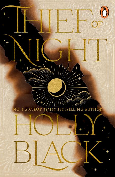 „THIEF OF NIGHT“ und „HOLLY BLACK“ stehen in goldenen Buchstaben. Eine Mond-Illustration mit strahlenden Linien und Wolken.