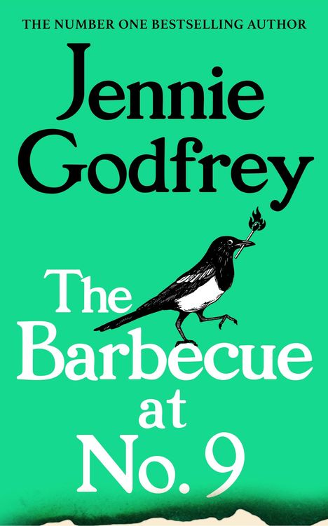 Schrift: "Jennie Godfrey. The Barbecue at No. 9". Eine Elster hält ein brennendes Streichholz. Hintergrund grün.