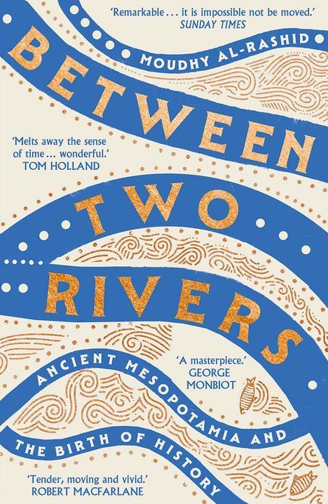 „BETWEEN TWO RIVERS: ANCIENT MESOPOTAMIA AND THE BIRTH OF HISTORY.“ Blaue Wellen, Ornamente und Muscheldekor.