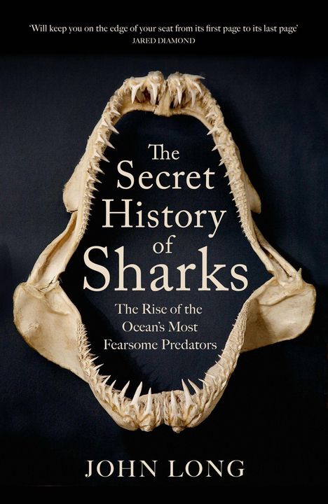 "The Secret History of Sharks: The Rise of the Ocean’s Most Fearsome Predators" von John Long. Haifischgebiss auf schwarzem Hintergrund.