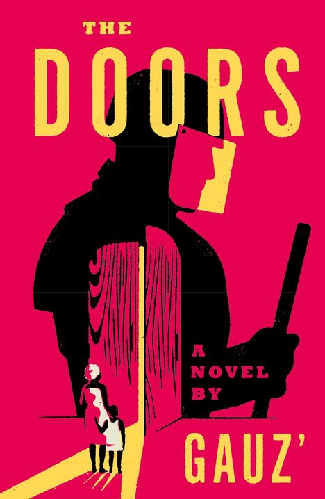 "The Doors", "A Novel by Gauz'". Illustration: Silhouette eines Wächters mit Schutzschild und einer Frau mit Kind im Gang.