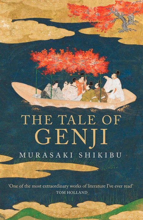 „THE TALE OF GENJI“, Murasaki Shikibu. Zitat von Tom Holland. Illustration: Menschen in einem Boot unter roten Bäumen.