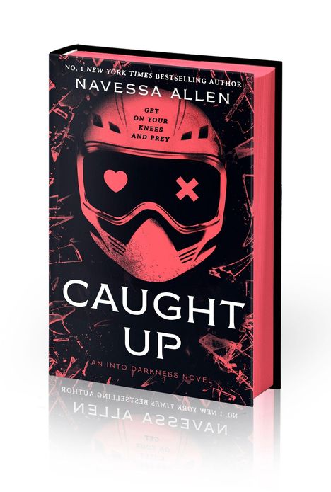 Buchtitel: "CAUGHT UP" von Navessa Allen. Rotes Helm-Design mit Herz- und X-Symbolen auf schwarzrotem Hintergrund.
