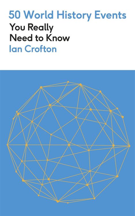 "50 World History Events You Really Need to Know, Ian Crofton." Illustration mit gelbem Netz auf blauem Hintergrund.