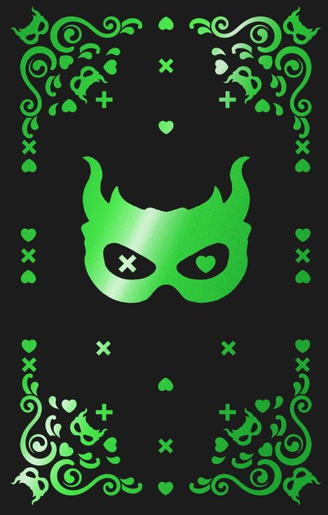 Grüne Maske mit Hörnern, Herz- und Kreuzformen, von geschwungenen Verzierungen eingerahmt auf schwarzem Hintergrund.
