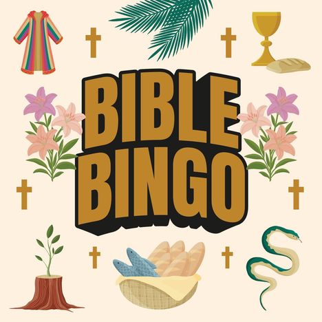 „BIBLE BINGO“ in der Mitte, umgeben von Symbolen: Palmzweig, Kelch mit Brot, bunte Robe, Schlangen, Blumen, Fische im Korb.