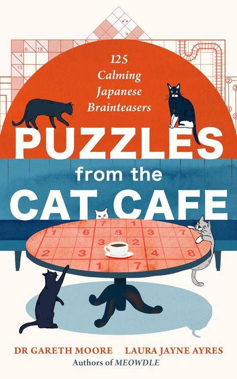 "125 Calming Japanese Brainteasers. Puzzles from the Cat Cafe. Dr Gareth Moore, Laura Jayne Ayres." Illustration mit Katzen.