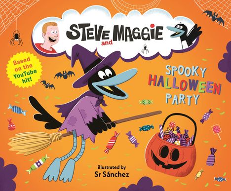 "Steve and Maggie," "Spooky Halloween Party," Comic-Art mit Vogel als Hexe auf Besen, umgeben von Süßigkeiten und Kürbiskorb.