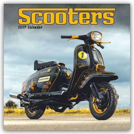 „Scooters 2027 Calendar“ in gelber Schrift über einem schwarzen Scooter auf einer Straße, Himmel im Hintergrund.