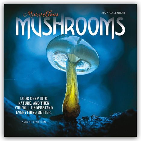 "Marvellous Mushrooms", "2027 Calendar", Zitat von Albert Einstein. Nahaufnahme eines leuchtenden Pilzes in Blau- und Gelbtönen.