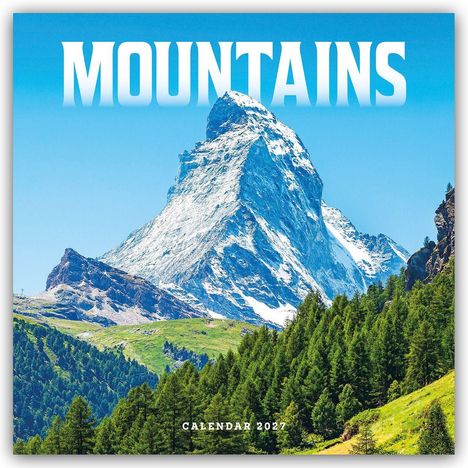 "Mountains" oben und "Calendar 2027" unten. Schneebedeckter Berg, blauer Himmel, grüne Bäume im Vordergrund.
