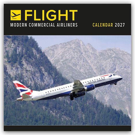 "FLIGHT MODERN COMMERCIAL AIRLINERS CALENDAR 2027." Ein Flugzeug fliegt vor einer bergigen Landschaft.