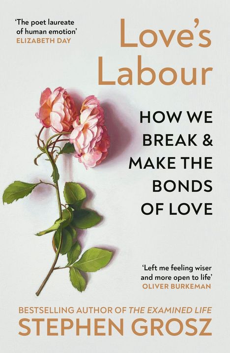 Texte: "Love's Labour", "HOW WE BREAK & MAKE THE BONDS OF LOVE". Darunter eine gemalte rosa Blume mit grünen Blättern.