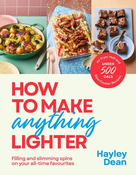 „How to Make Anything Lighter“; Rezepte unter 500 Kalorien; drei leckere Gerichte ansprechend angerichtet.