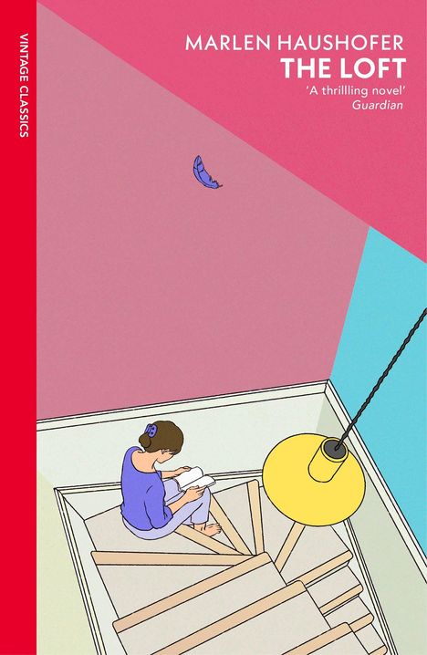 Roter Rand mit "VINTAGE CLASSICS". Illustration: Frau auf Treppe lesend, gelbe Lampe, blaue Feder.