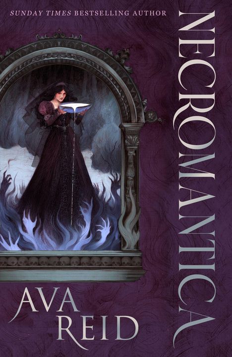 Text: "NECROMANTICA" und "AVA REID". Lila Hintergrund mit wellenförmigen Linien. Cover noch nicht enthüllt.