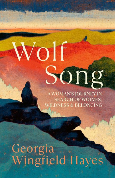 Unterschrift: Wolf Song. Eine Frau sitzt auf einem Felsen und schaut über farbige, abstrakte Landschaften.